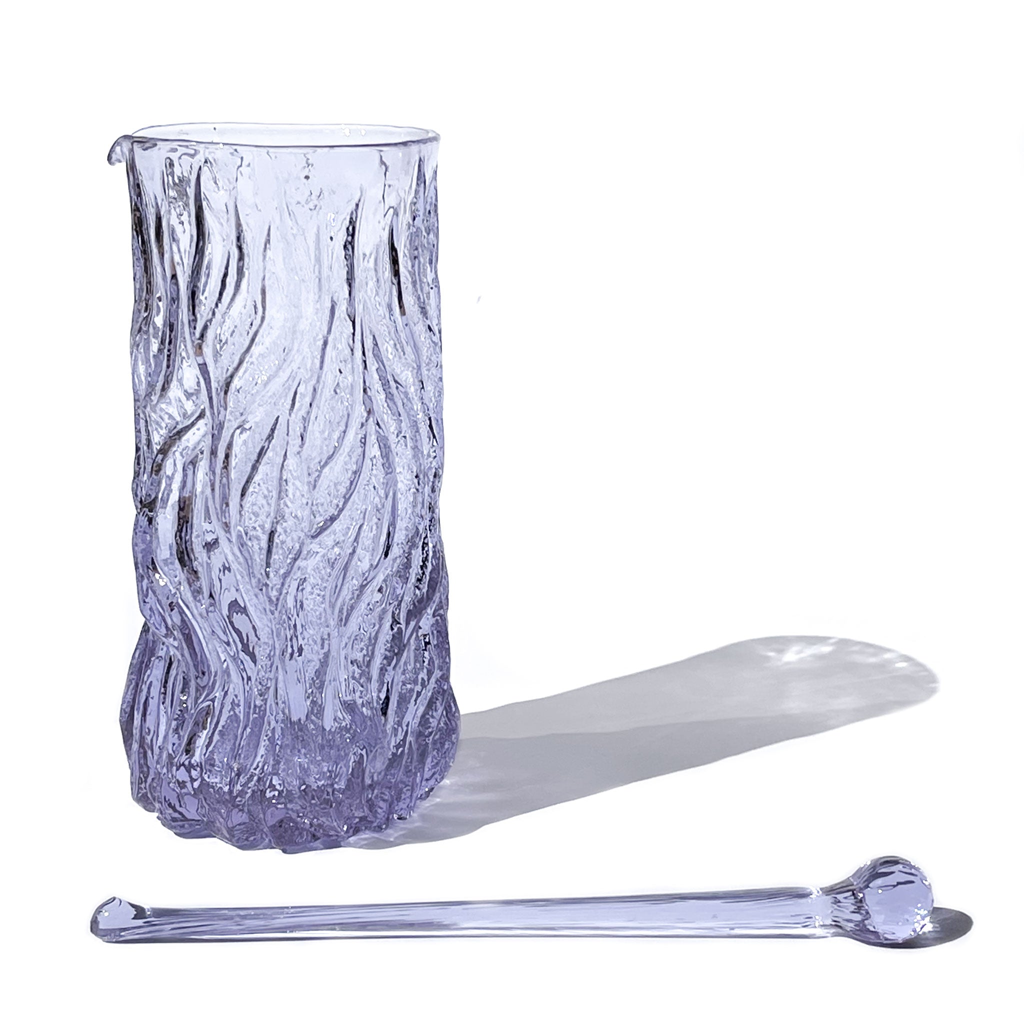 Brutalist set of 6 glasses with pitcher and stirrer in textured neodymium glass, Italy, 1970s.
