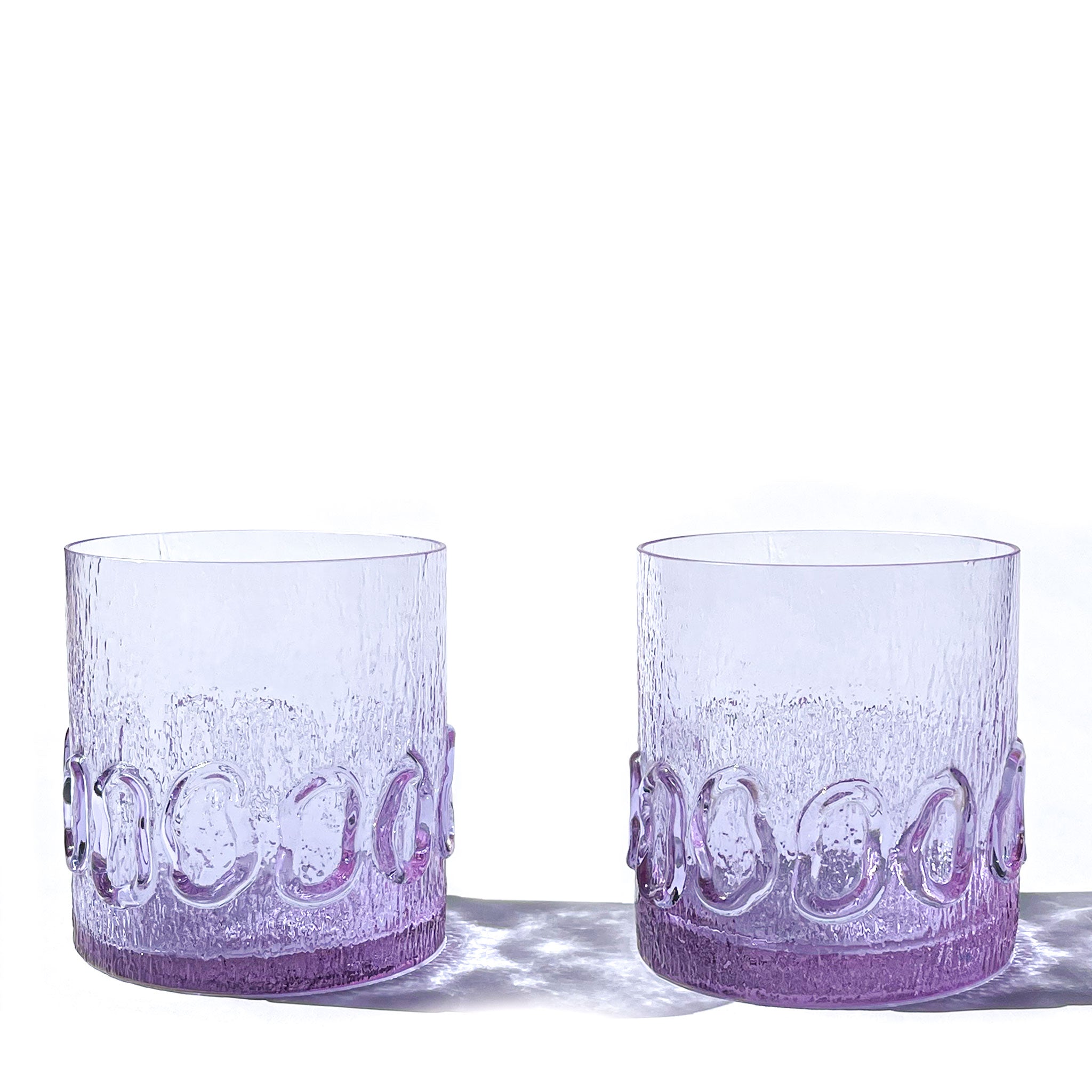 Set of 3 — 2 neodymium old fashioned glasses & ice bucket / bottle cooler with hand-sculpted base, Italy, 1970s