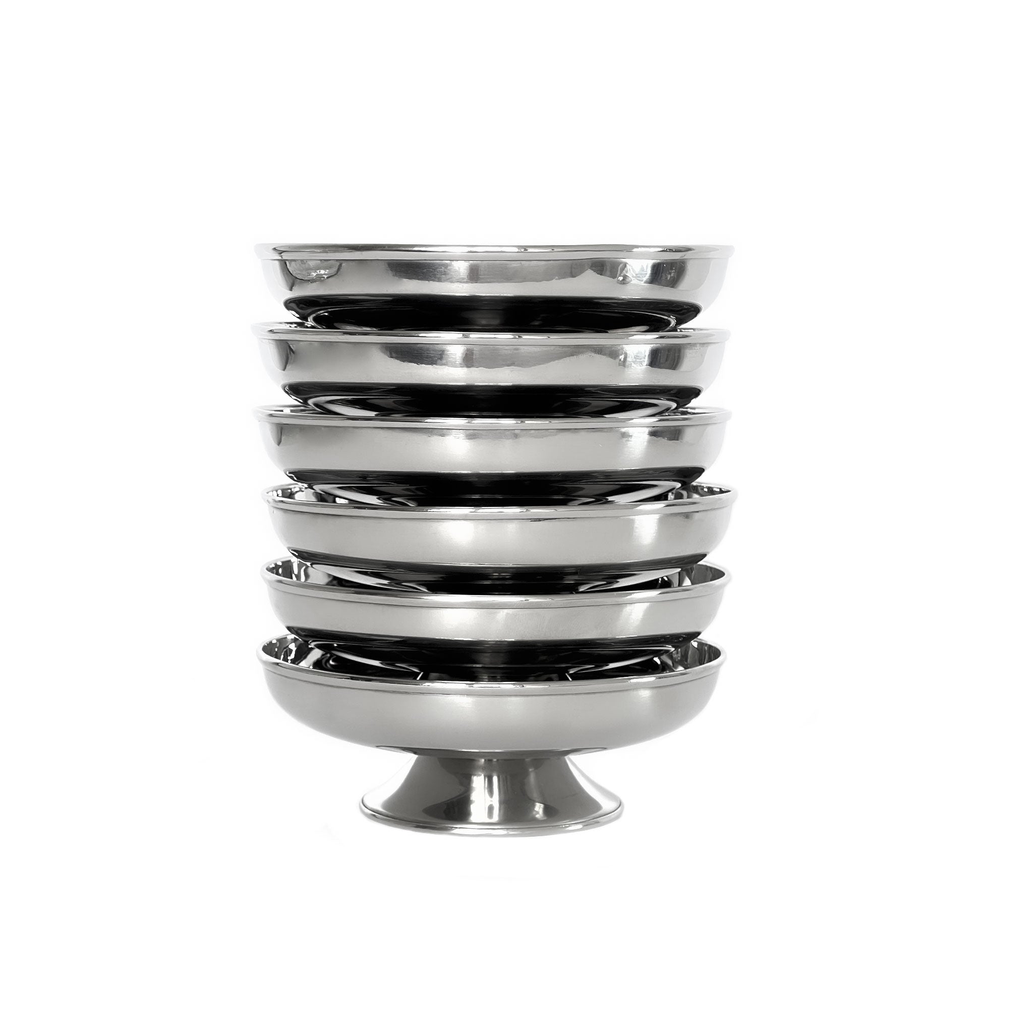 Set of 6 wide stainless steel coupes, 1970s.