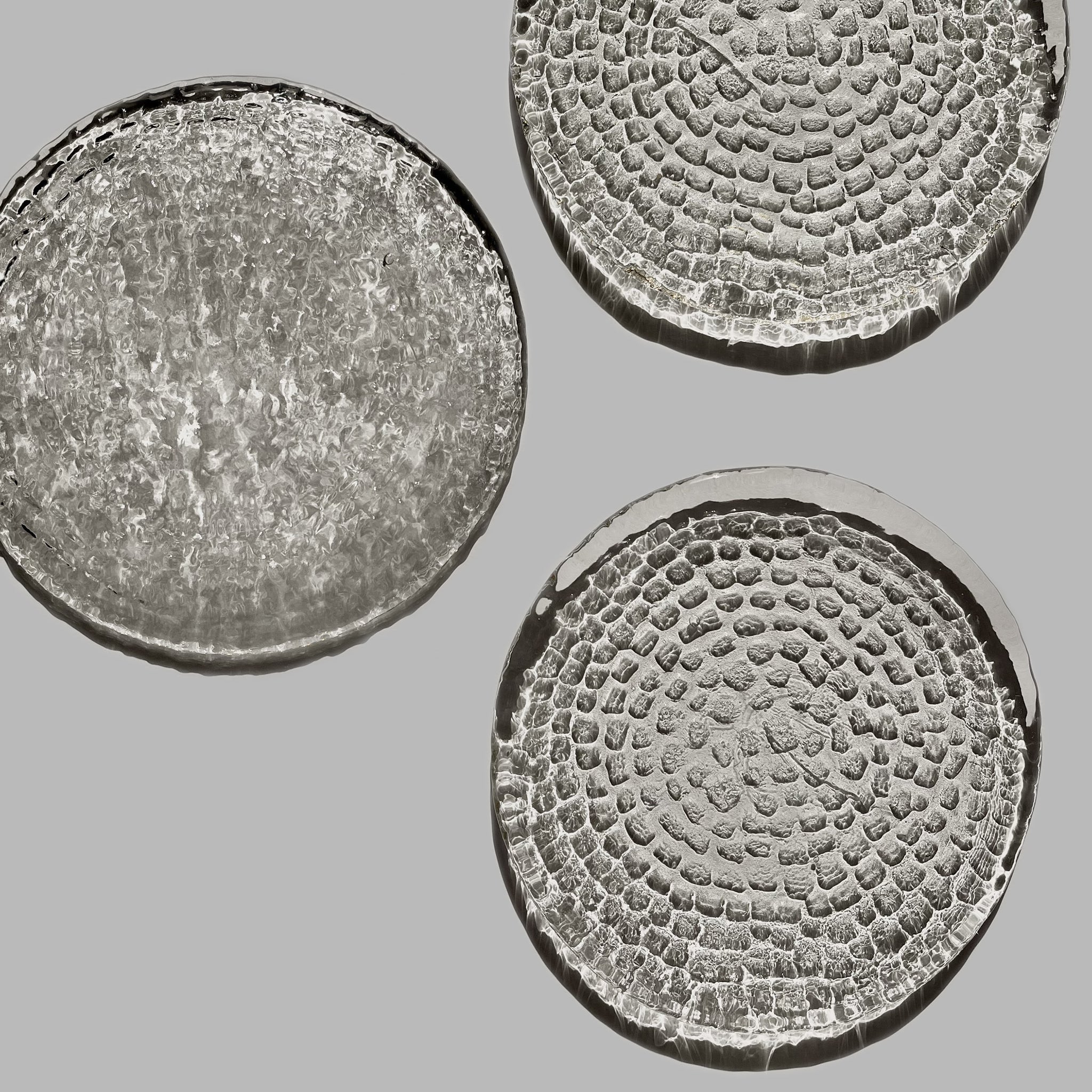 Set of 3 Bruk textured glass plates designed by Drost for Zabkowice Glassworks, Poland, 1970s.
