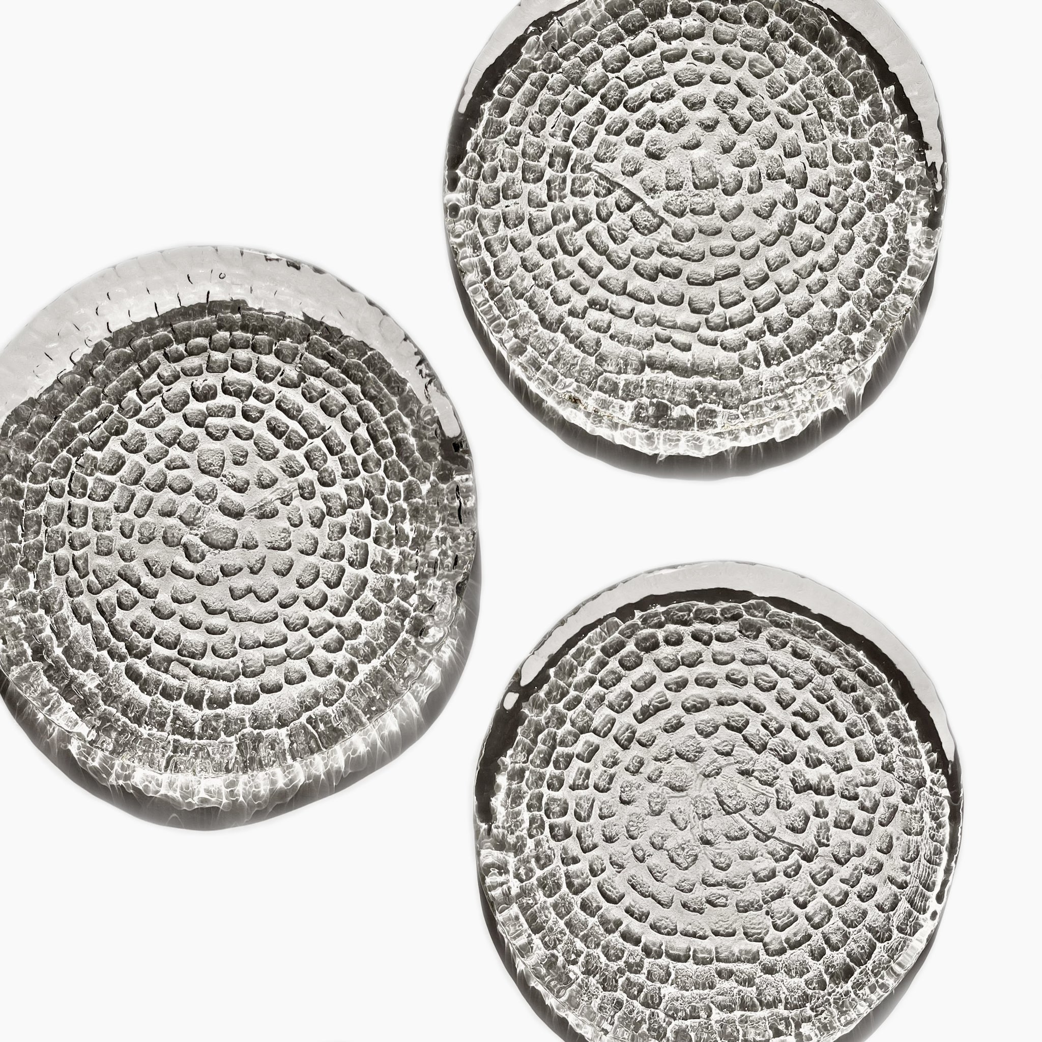 Set of 3 Bruk textured glass plates designed by Drost for Zabkowice Glassworks, Poland, 1970s.