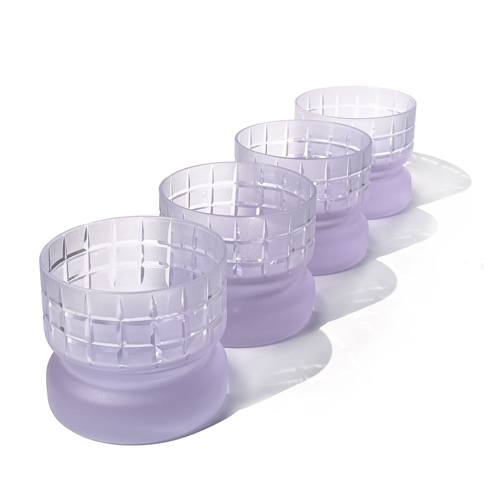 Set of 4 satin neodymium old fashioned glasses inspired by New York’s grid street system, Italy, 1970s.