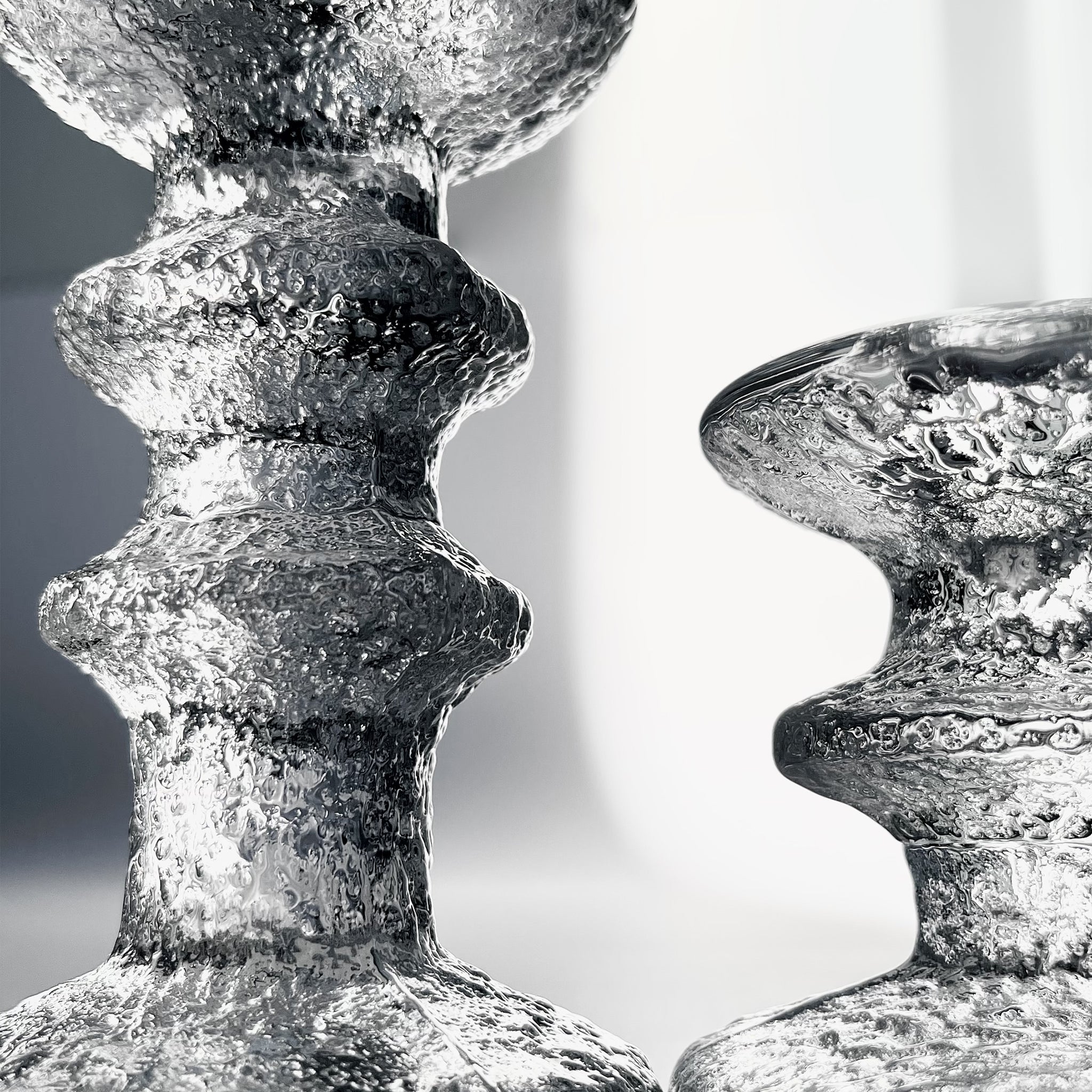 Set of 2 ice glass Festivo candleholders by Timo Sarpaneva, Iittala, Finland, 1960s.